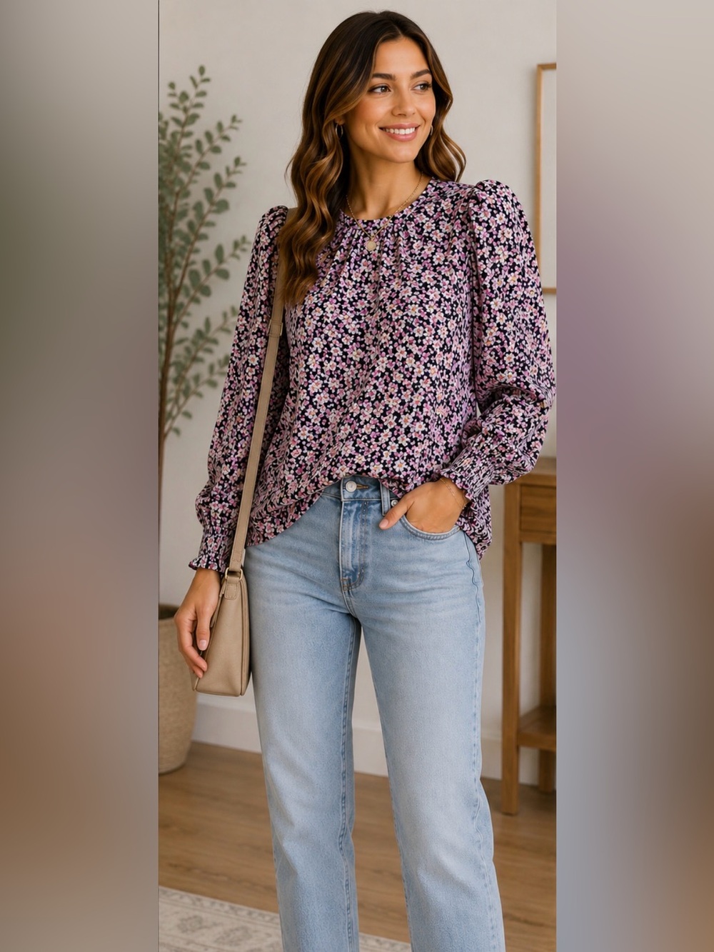 500 H&M Floral Puff Sleeve Blouse Small Pink Black Romantic Cottagecore Top
